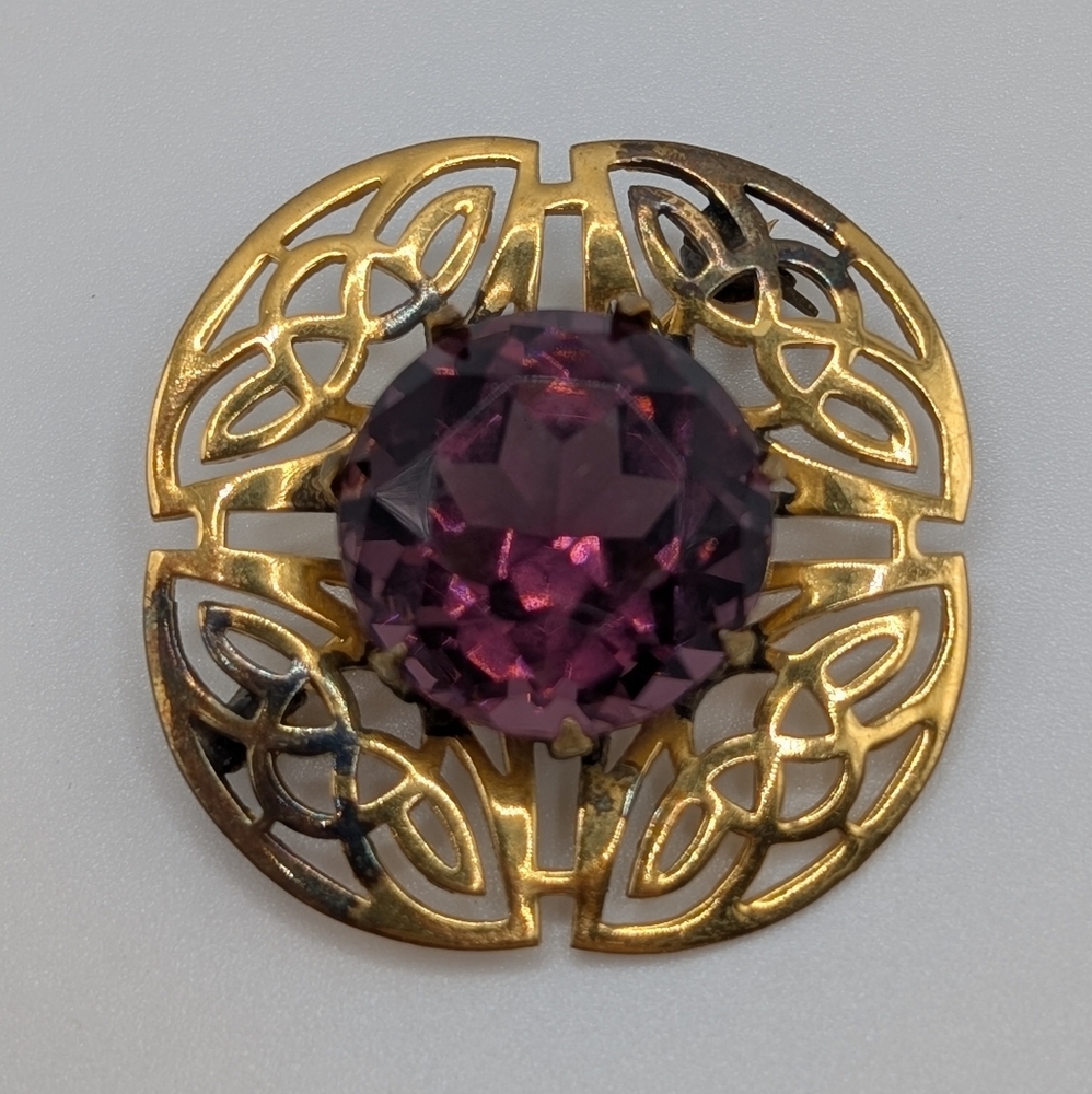 Vintage Mizpah Brooch – Purple Glass, Celtic Design, Gold Filled